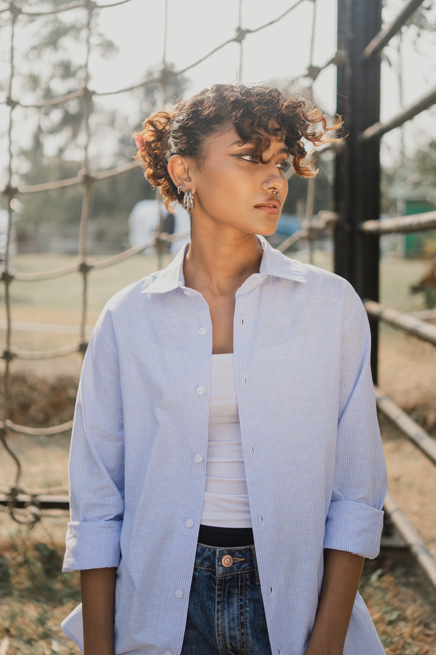 Long Sleeve Shirt - Unisex - Light Blue and White Thin Stripe