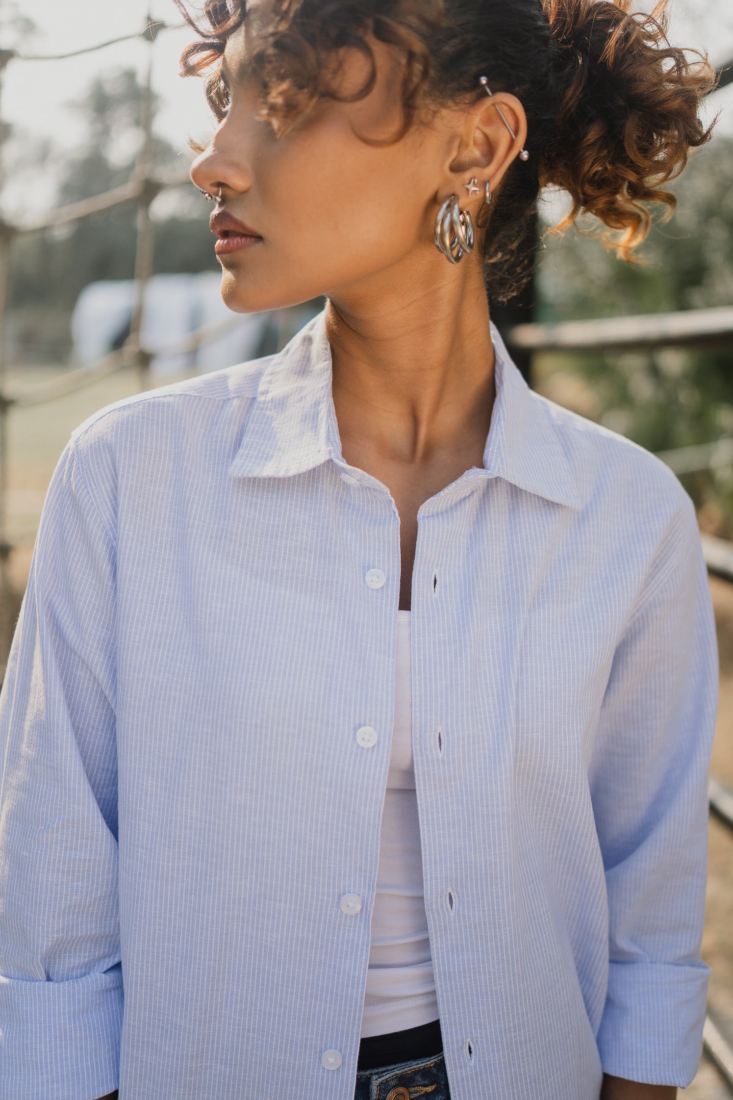 Long Sleeve Shirt - Unisex - Light Blue and White Thin Stripe