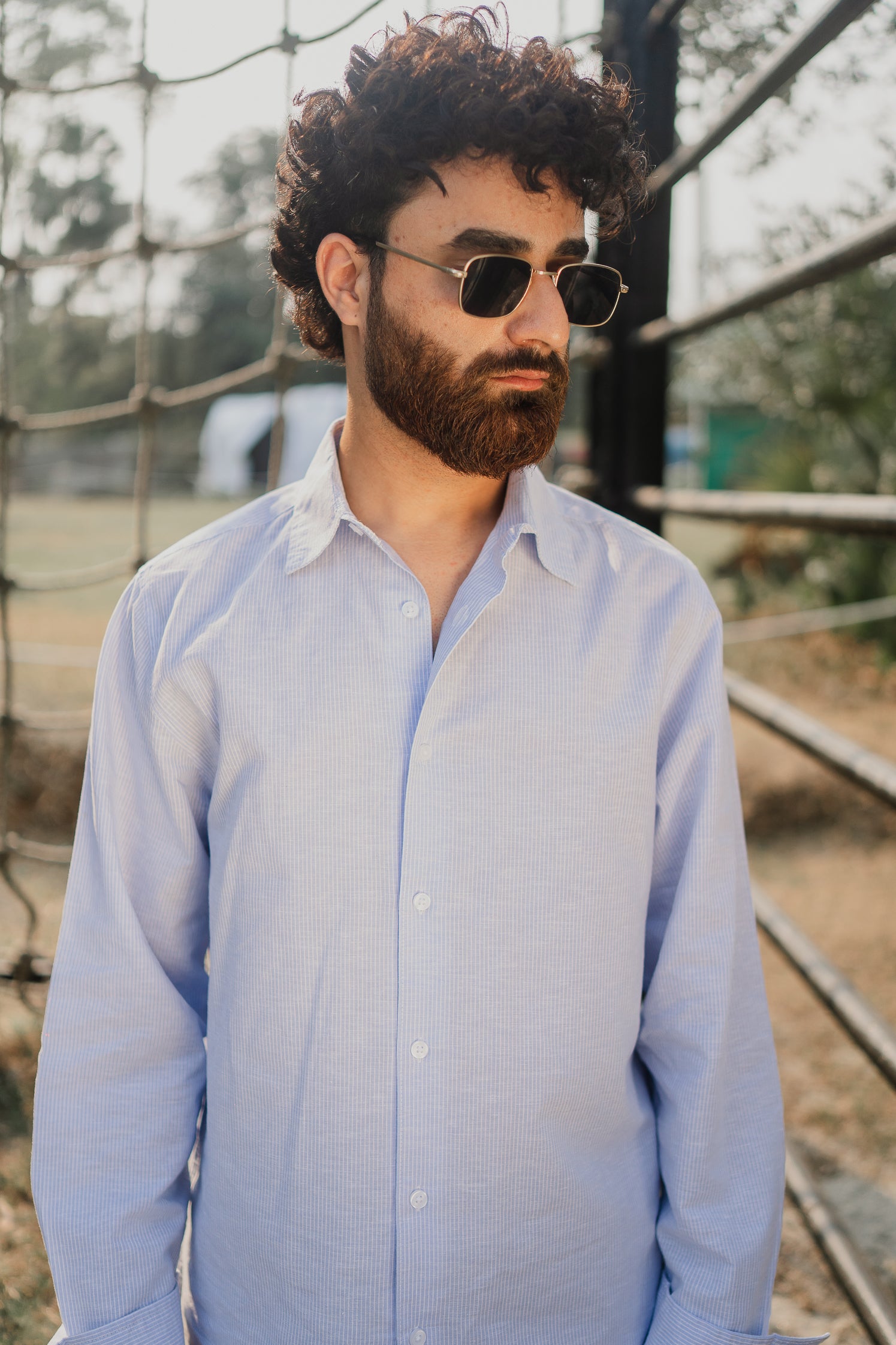 Long Sleeve Shirt for Men - Light Blue and White Thin Stripe