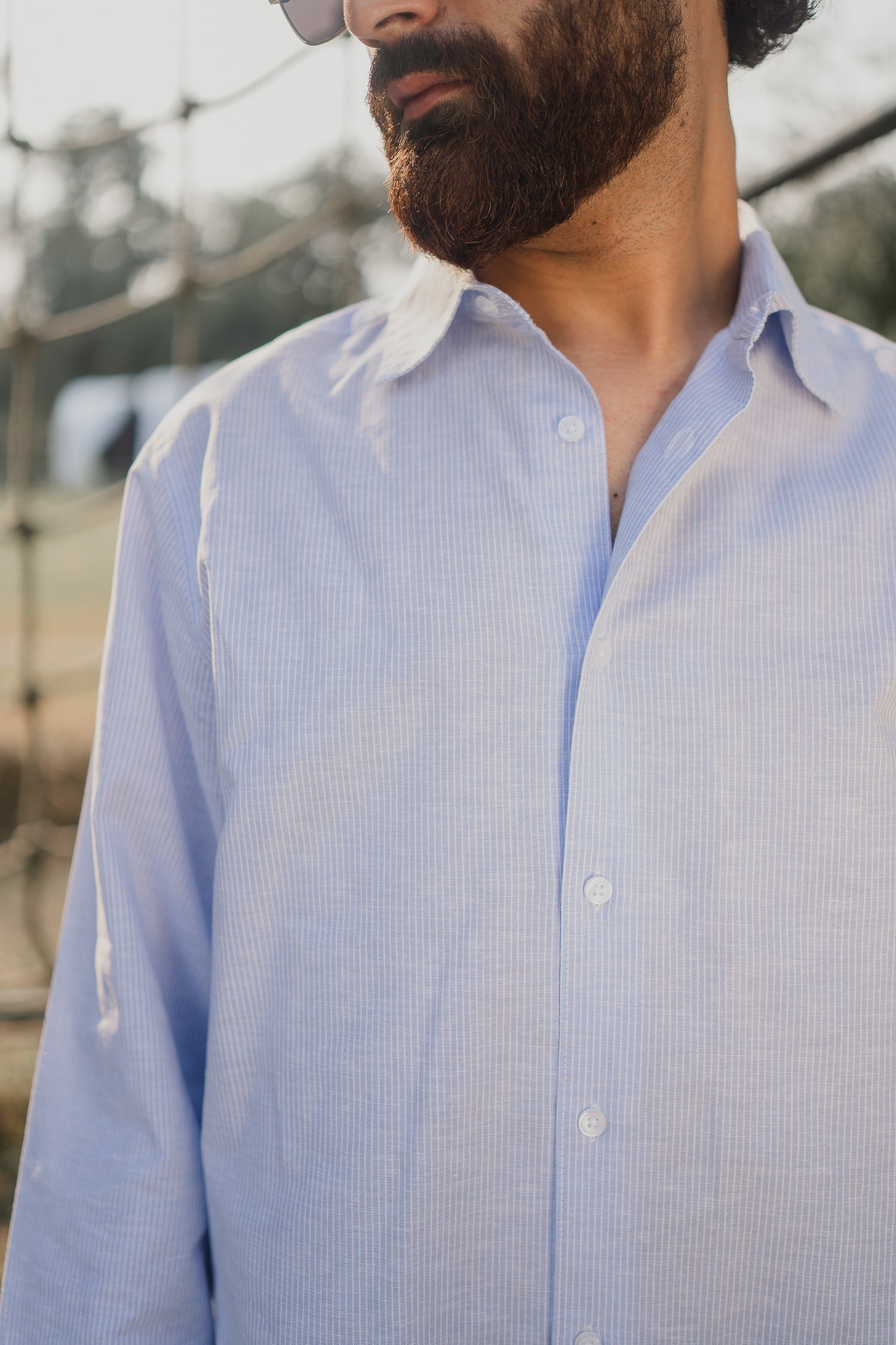 Long Sleeve Shirt for Men - Light Blue and White Thin Stripe