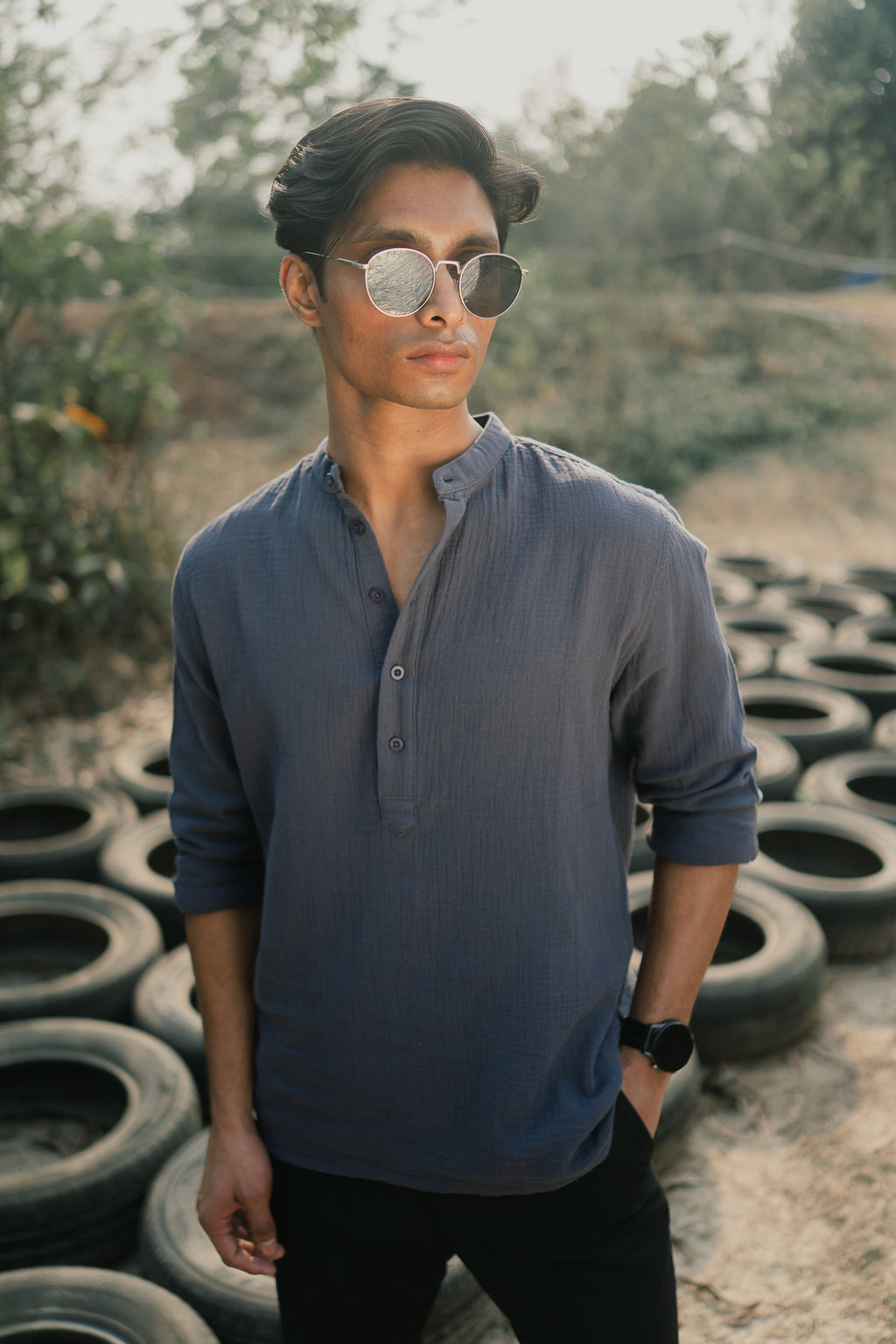 Waffle Henley - Katua - For Men - Charcoal