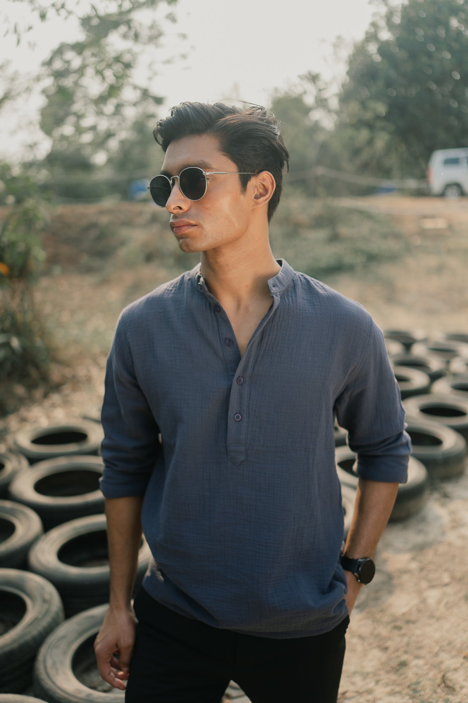 Waffle Henley - Katua - For Men - Charcoal