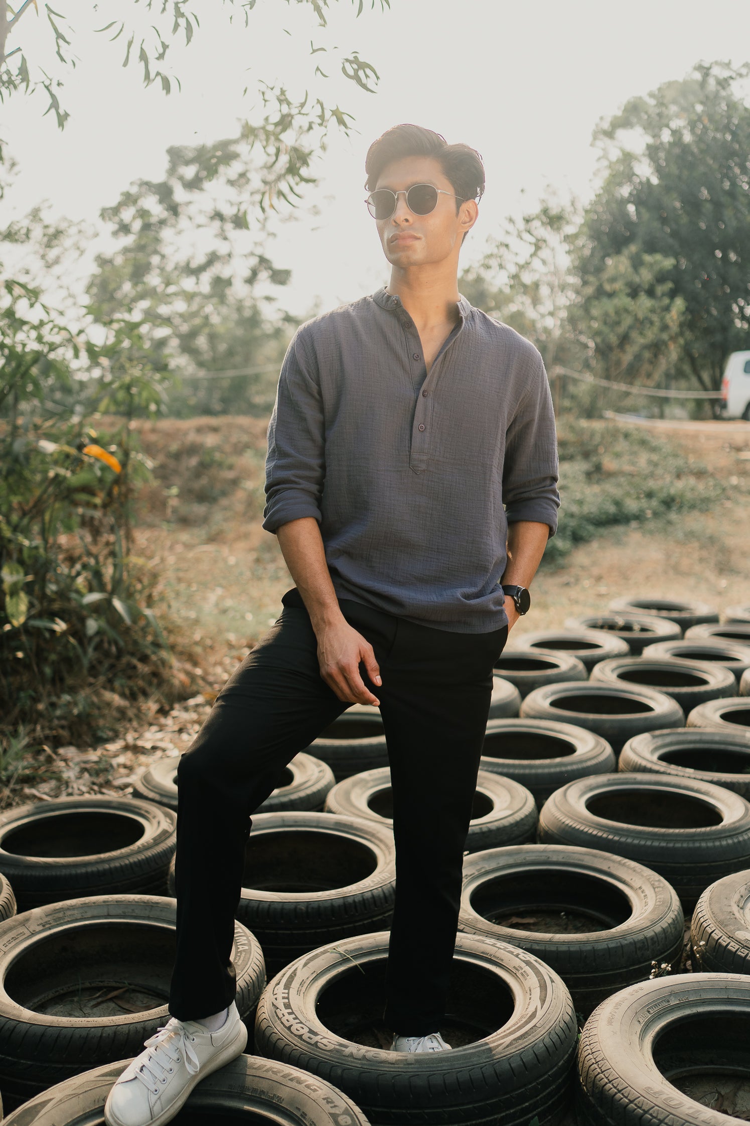 Waffle Henley - Katua - For Men - Charcoal