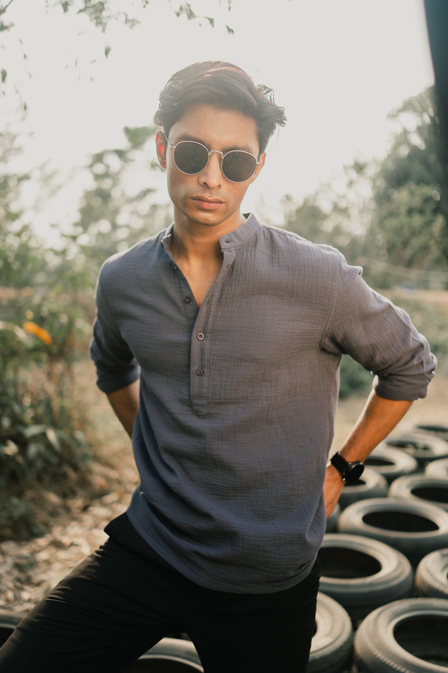 Waffle Henley - Katua - For Men - Charcoal
