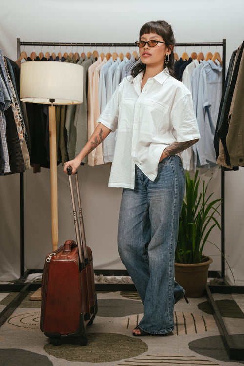 The Porter Shirt - Half Sleeve Boxy Shirt - Cloud White Stripe - Unisex