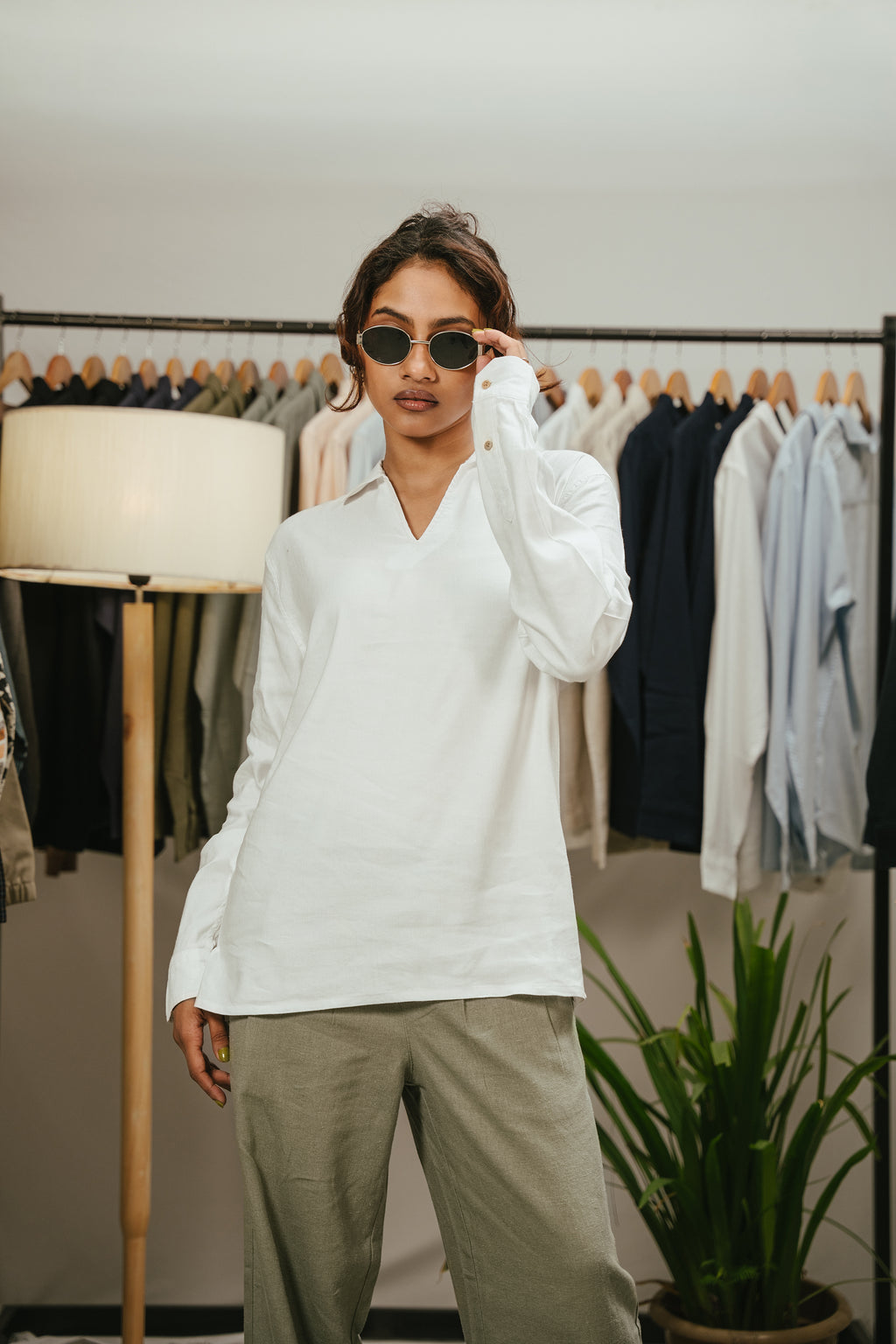 Amalfi Popover Shirt - Linen Effect V-Placket - White - Unisex
