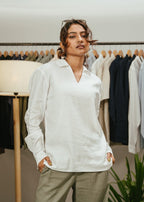 Amalfi Popover Shirt - Linen Effect V-Placket - White - Unisex