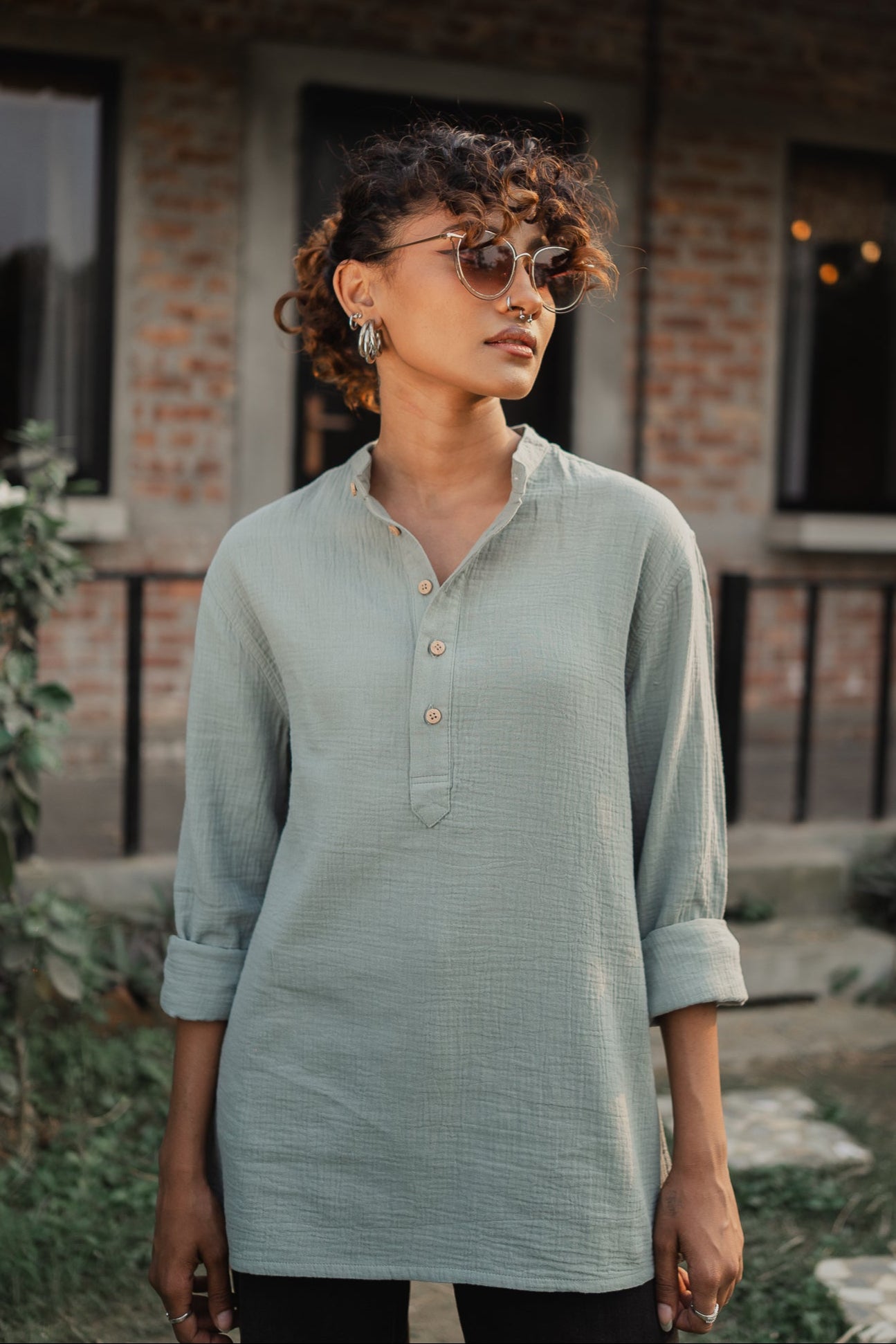 Waffle Henley - Katua - Unisex - Sage Green