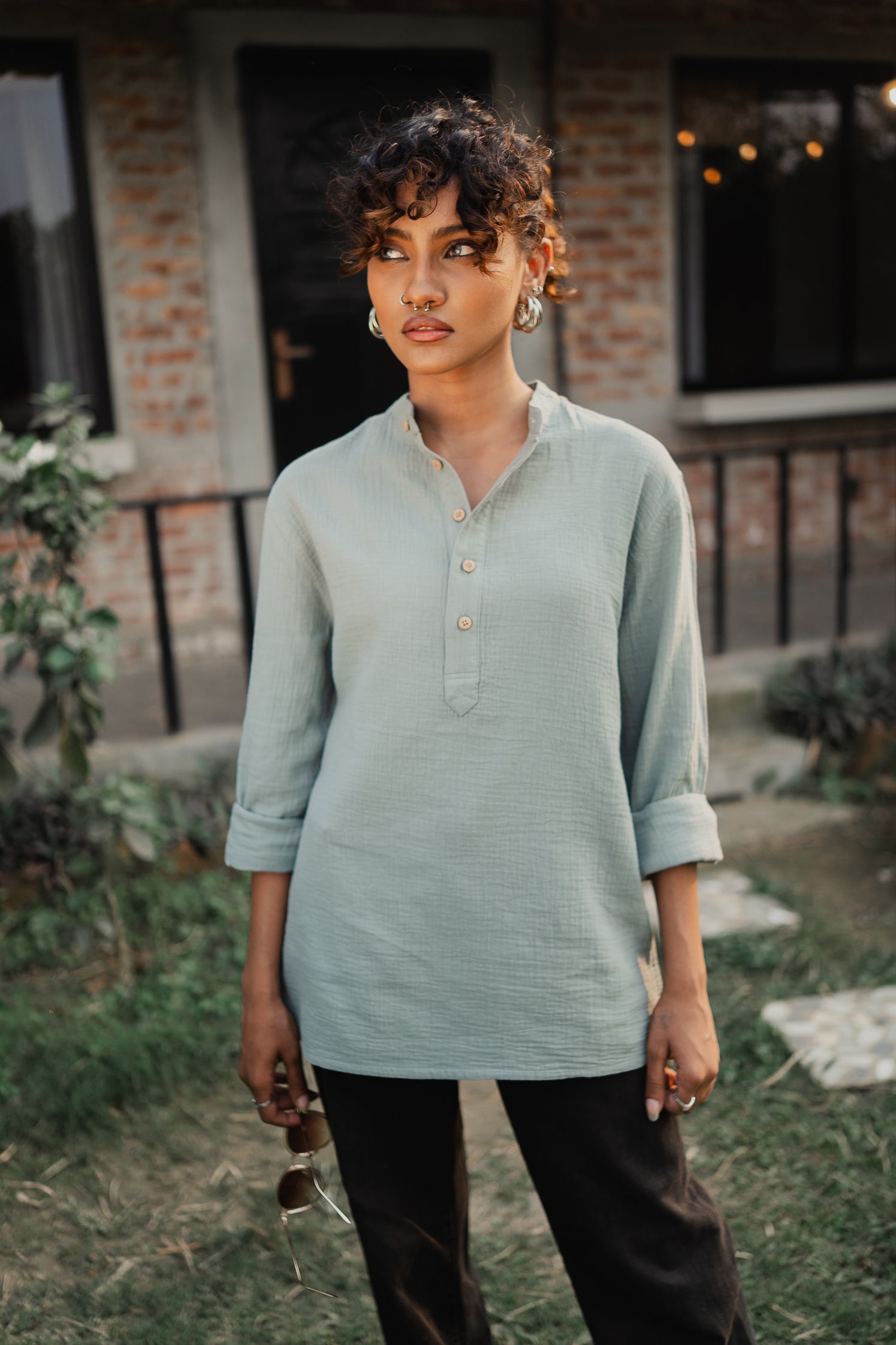 Waffle Henley - Katua - Unisex - Sage Green