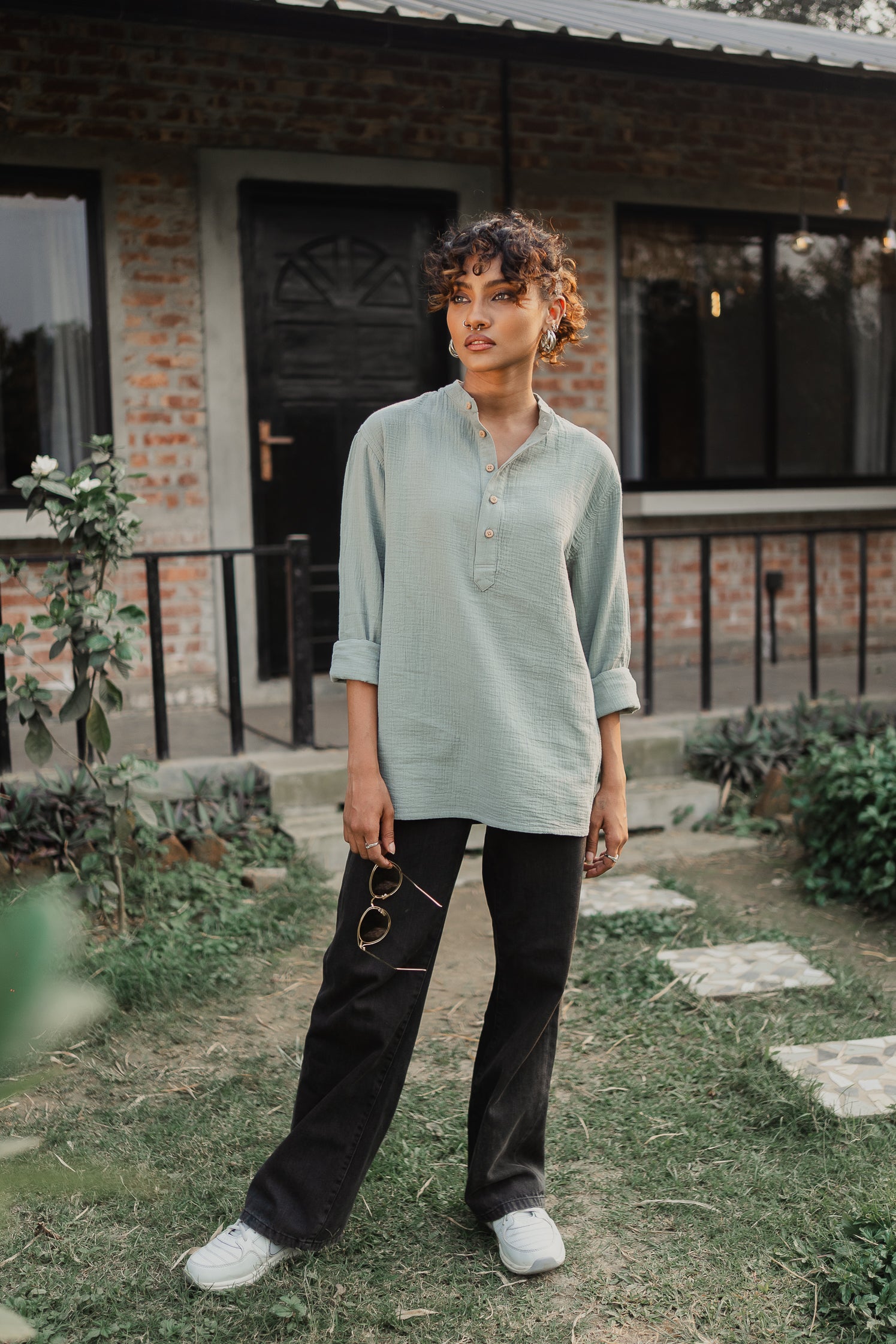 Waffle Henley - Katua - Unisex - Sage Green