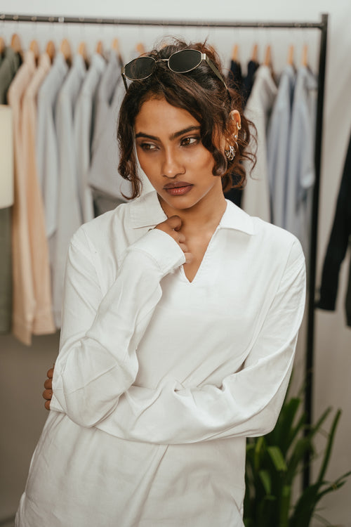The Amalfi Shirt - Linen Effect V-Placket - White - Unisex