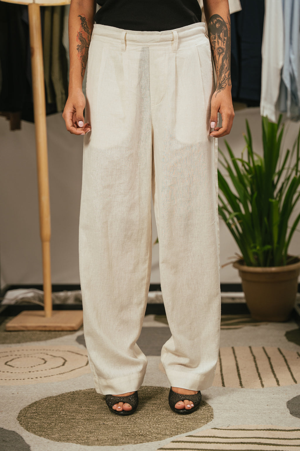 Light Weight Straight Leg Pleated Linen effect Pants For Women - Off White