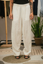Light Weight Straight Leg Pleated Linen effect Pants For Women - Off White
