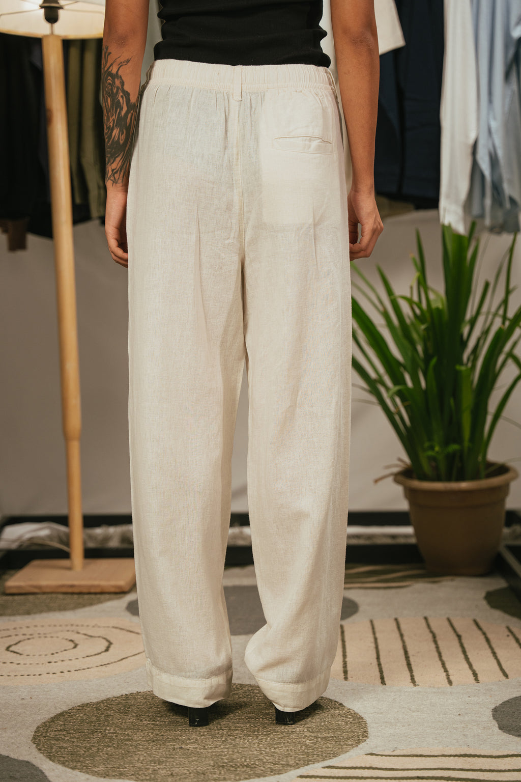 Light Weight Straight Leg Pleated Linen effect Pants For Women - Off White