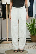 Light Weight Straight Leg Pleated Linen effect Pants For Women - Cloud White