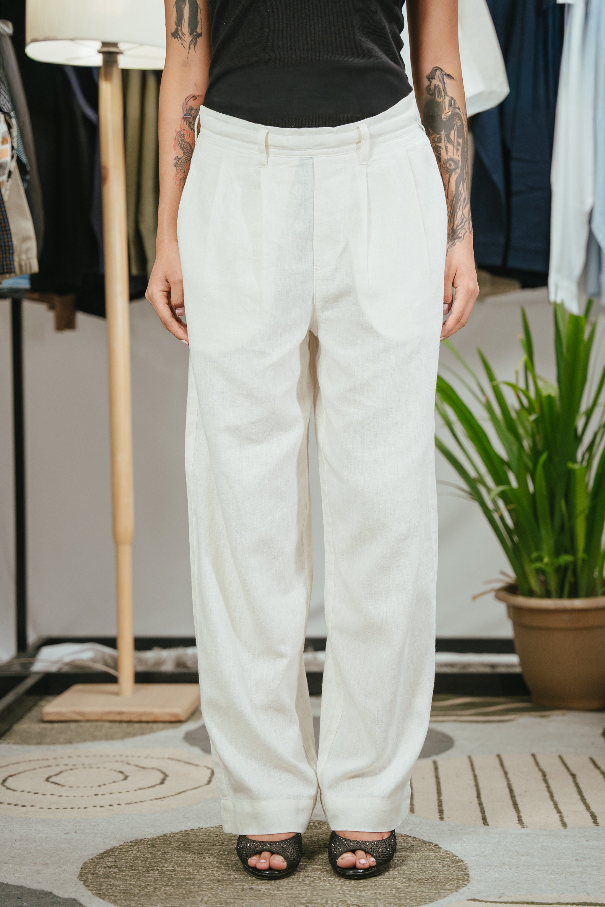 Light Weight Straight Leg Pleated Linen effect Pants For Women - Cloud White