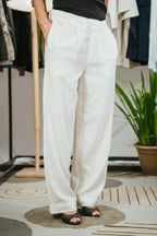 Light Weight Straight Leg Pleated Linen effect Pants For Women - Cloud White