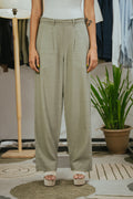 Light Weight Straight Leg Pleated Linen effect Pants For Women - Olive