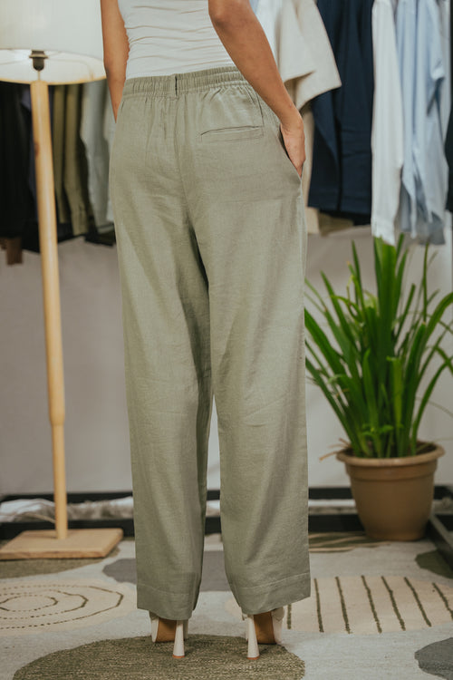 Straight Leg Pleated Linen effect Pants For Women - Olive
