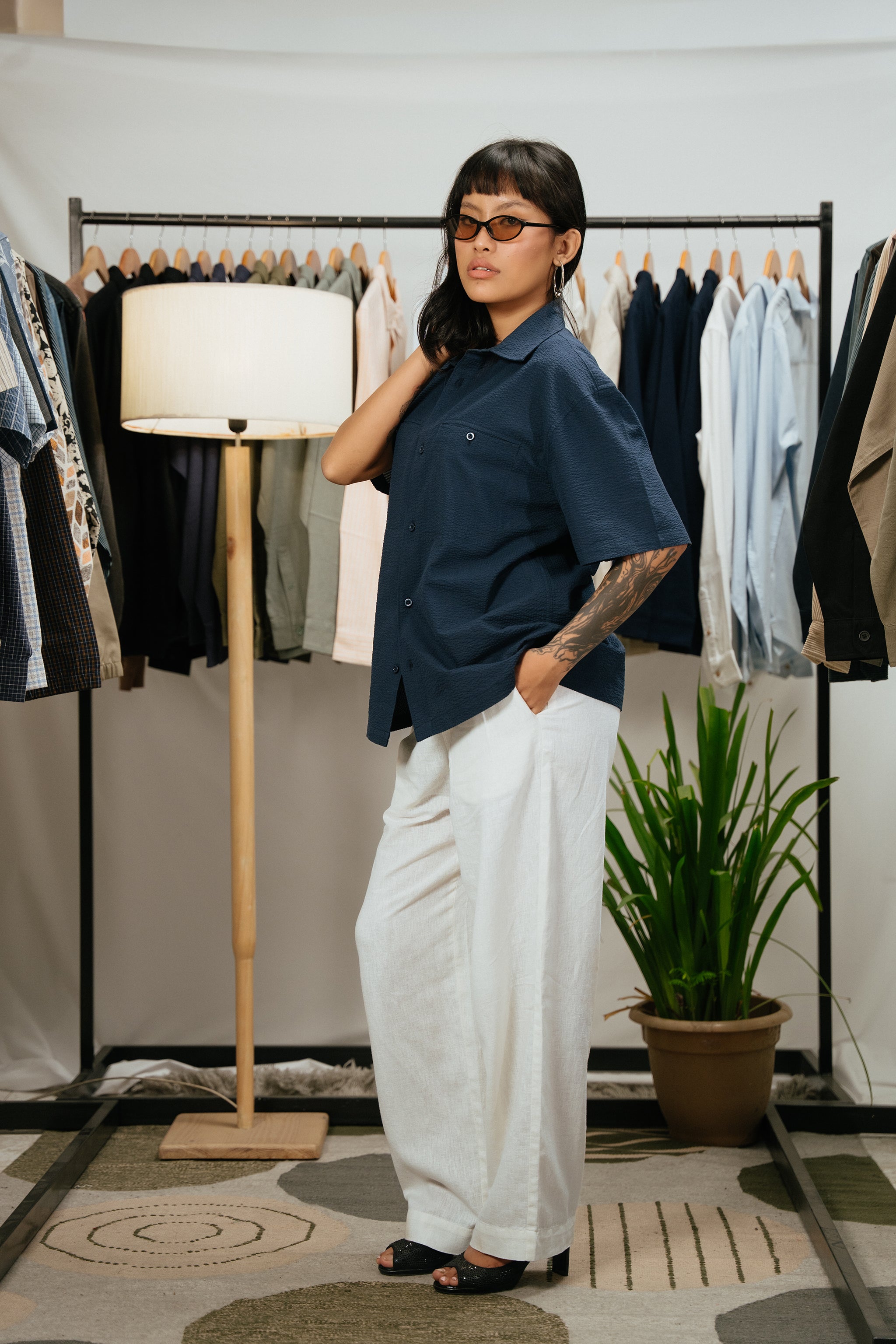 The Porter Shirt - Half Sleeve Boxy Shirt - Midnight Blue Stripe - Unisex