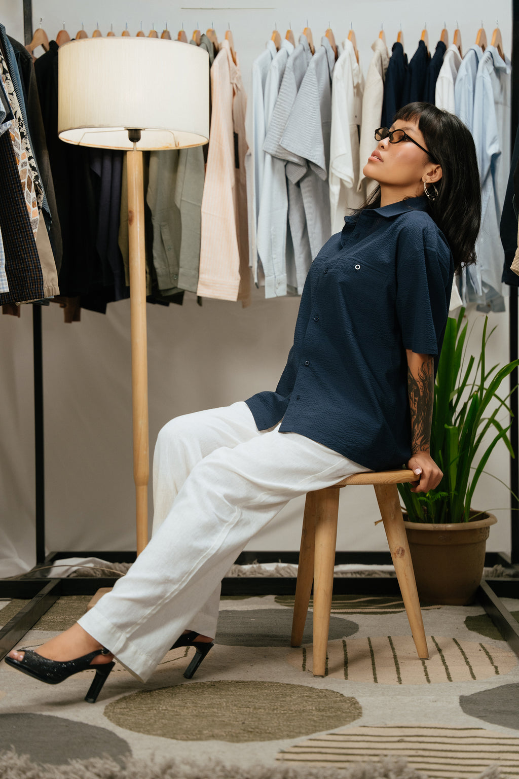 The Porter Shirt - Half Sleeve Boxy Shirt - Midnight Blue Stripe - Unisex