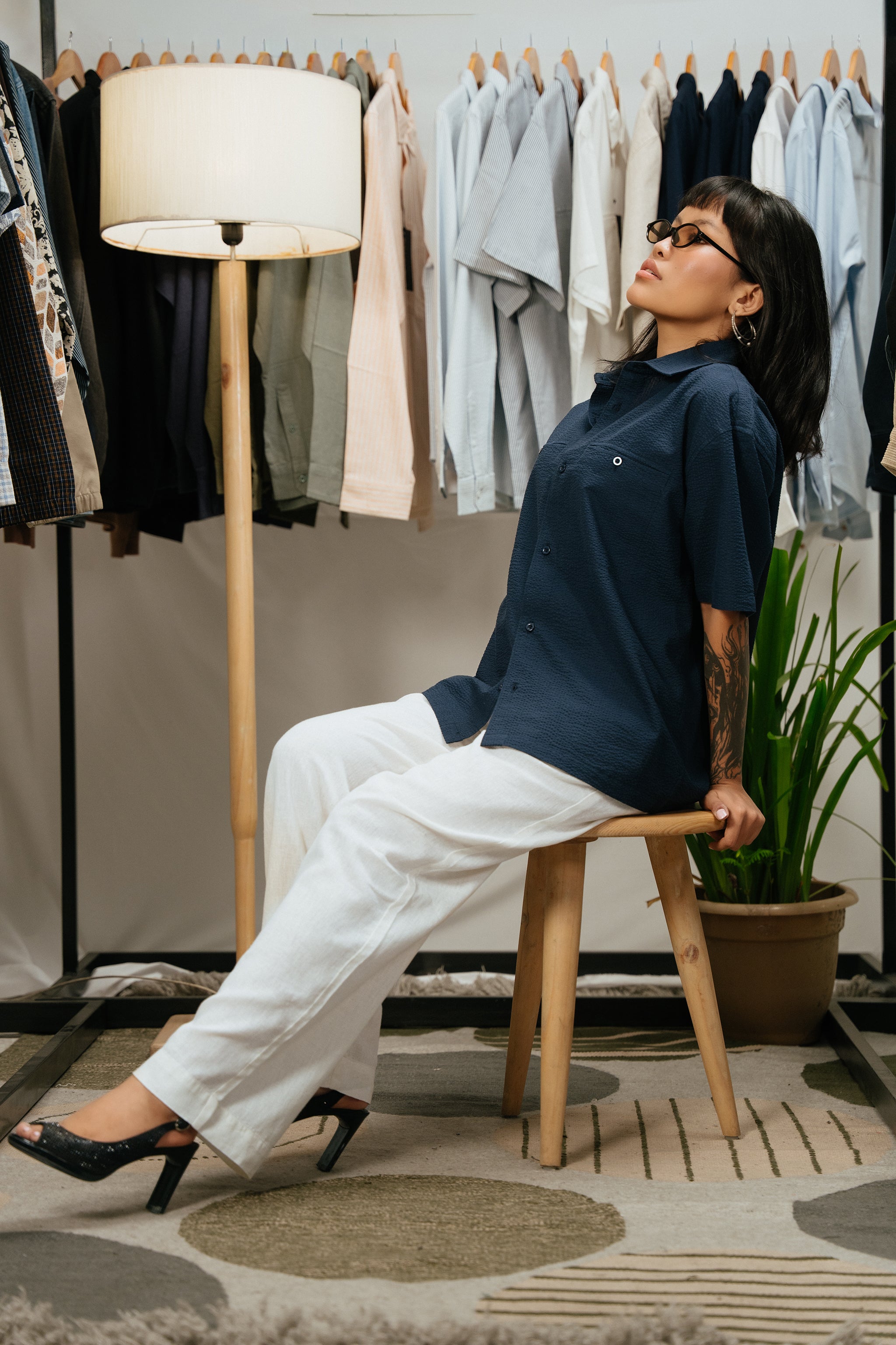 The Porter Shirt - Half Sleeve Boxy Shirt - Midnight Blue Stripe - Unisex