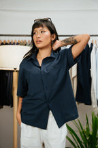 The Porter Shirt - Half Sleeve Boxy Shirt - Midnight Blue Stripe - Unisex