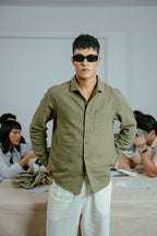 The European Collar - Linen - Long Sleeve Shirt For Men - Dark Olive