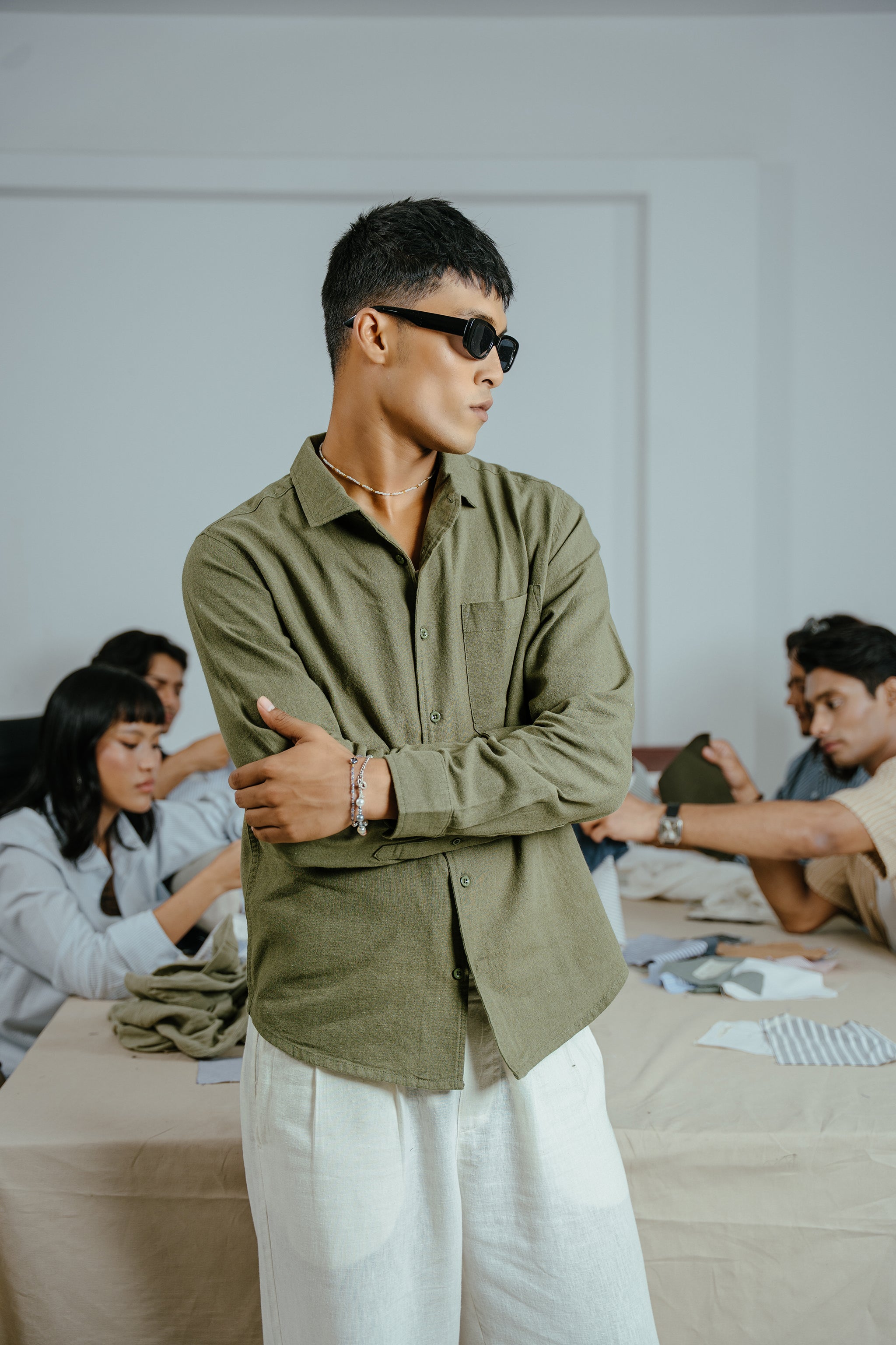 The European Collar - Linen - Long Sleeve Shirt For Men - Dark Olive