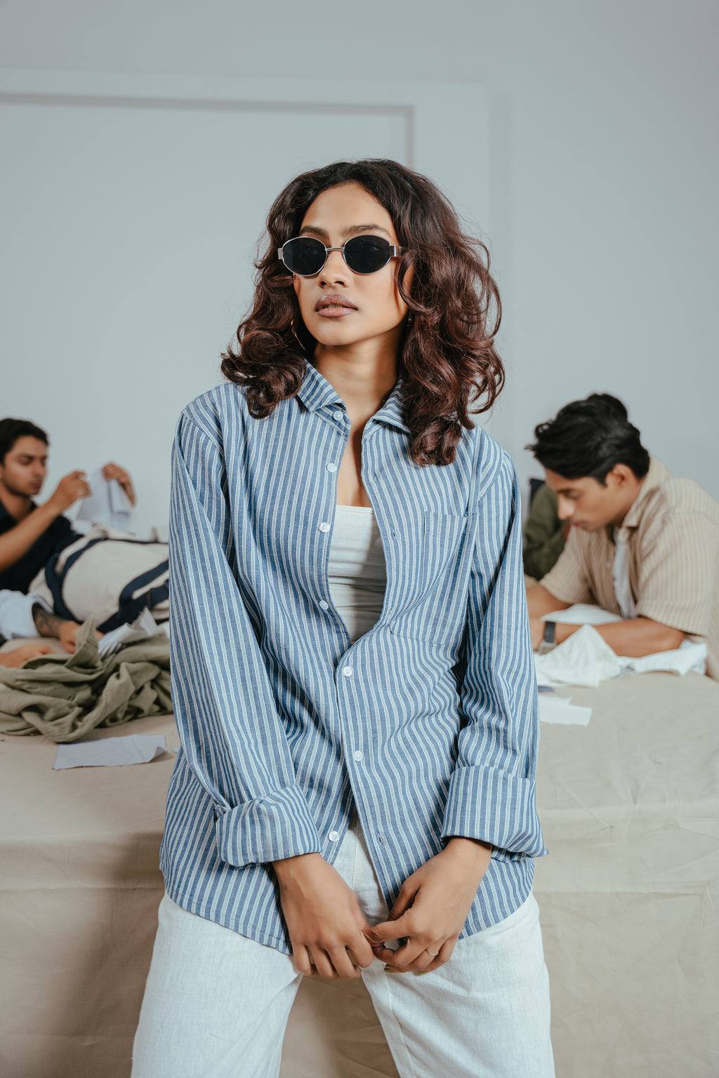 পুরুষদের জন্য লম্বা হাতা শার্ট - জলপাই সাদা স্ট্রাইপ 