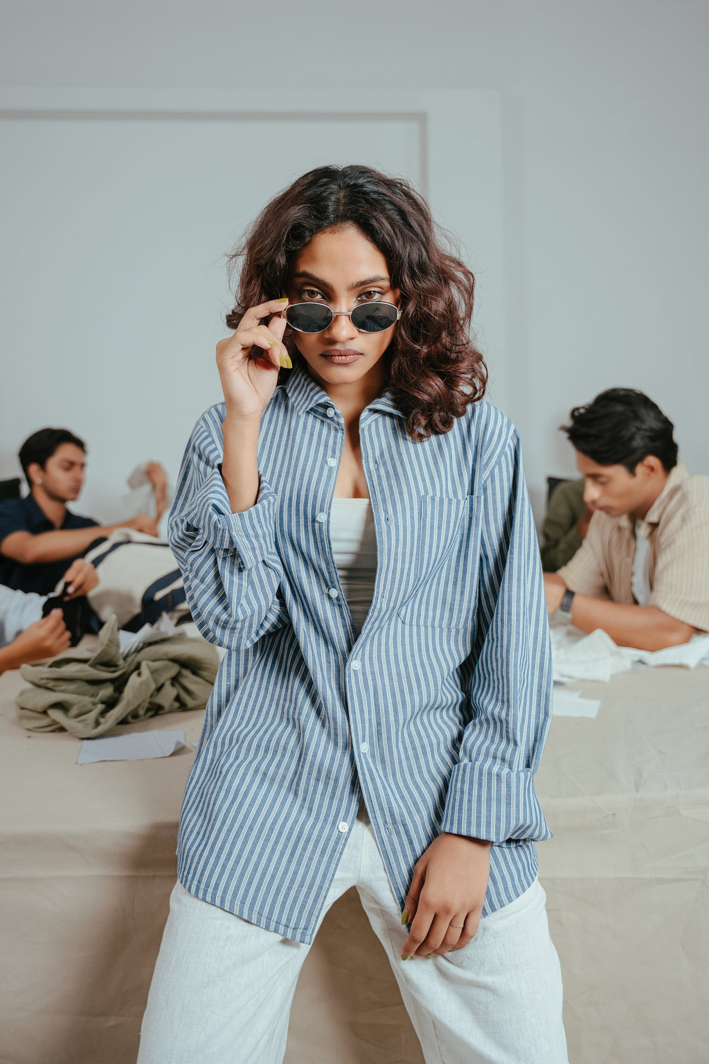 The European Collar - Linen Effect - Long Sleeve Shirt - Deep Blue and White Thick Stripe - Unisex
