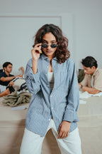 The European Collar - Linen Effect - Long Sleeve Shirt - Deep Blue and White Thick Stripe - Unisex