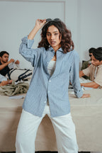 The European Collar - Linen Effect - Long Sleeve Shirt - Deep Blue and White Thick Stripe - Unisex