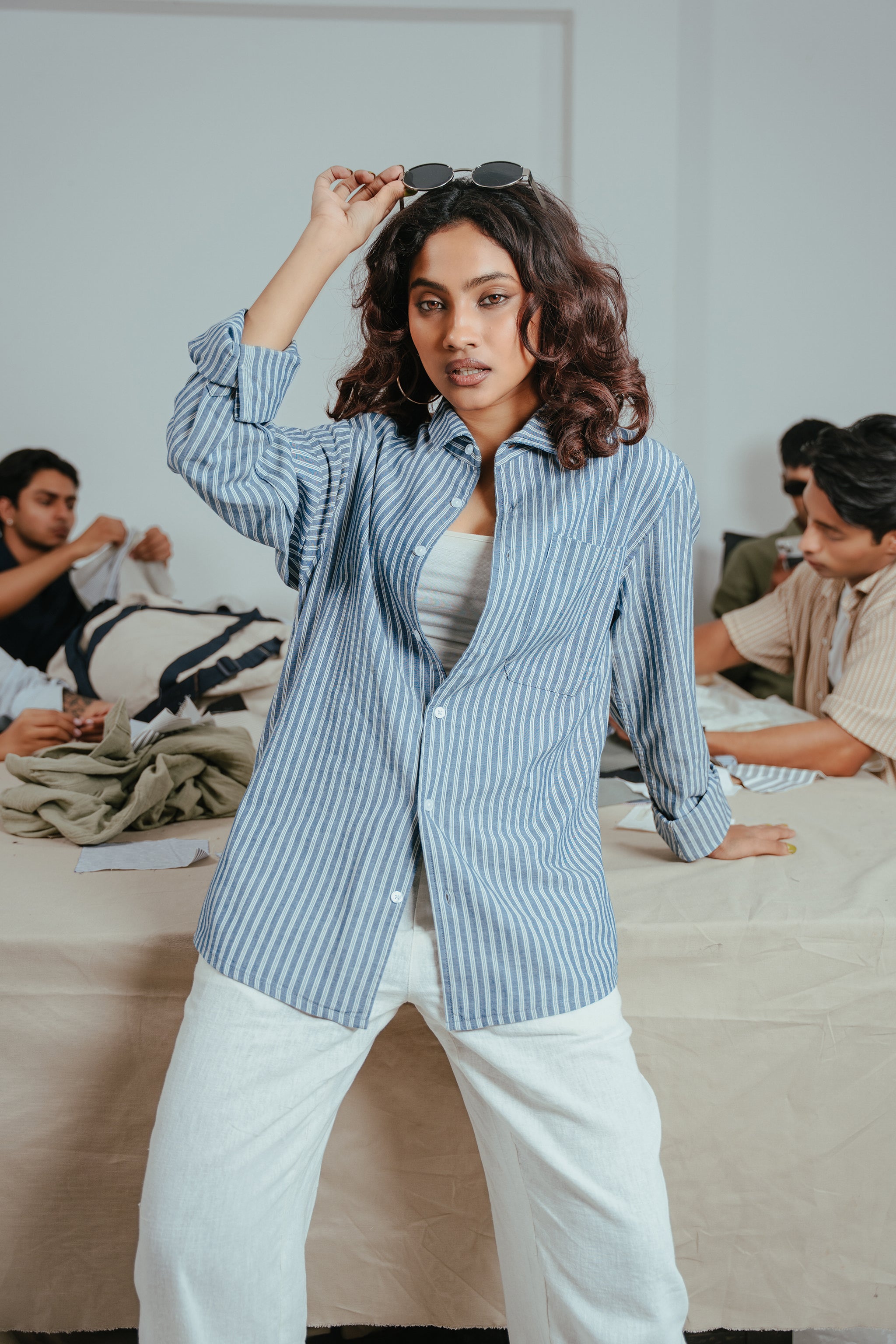 The European Collar - Linen Effect - Long Sleeve Shirt - Deep Blue and White Thick Stripe - Unisex