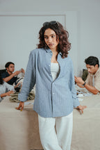The European Collar - Linen Effect - Long Sleeve Shirt - Deep Blue and White Thick Stripe - Unisex