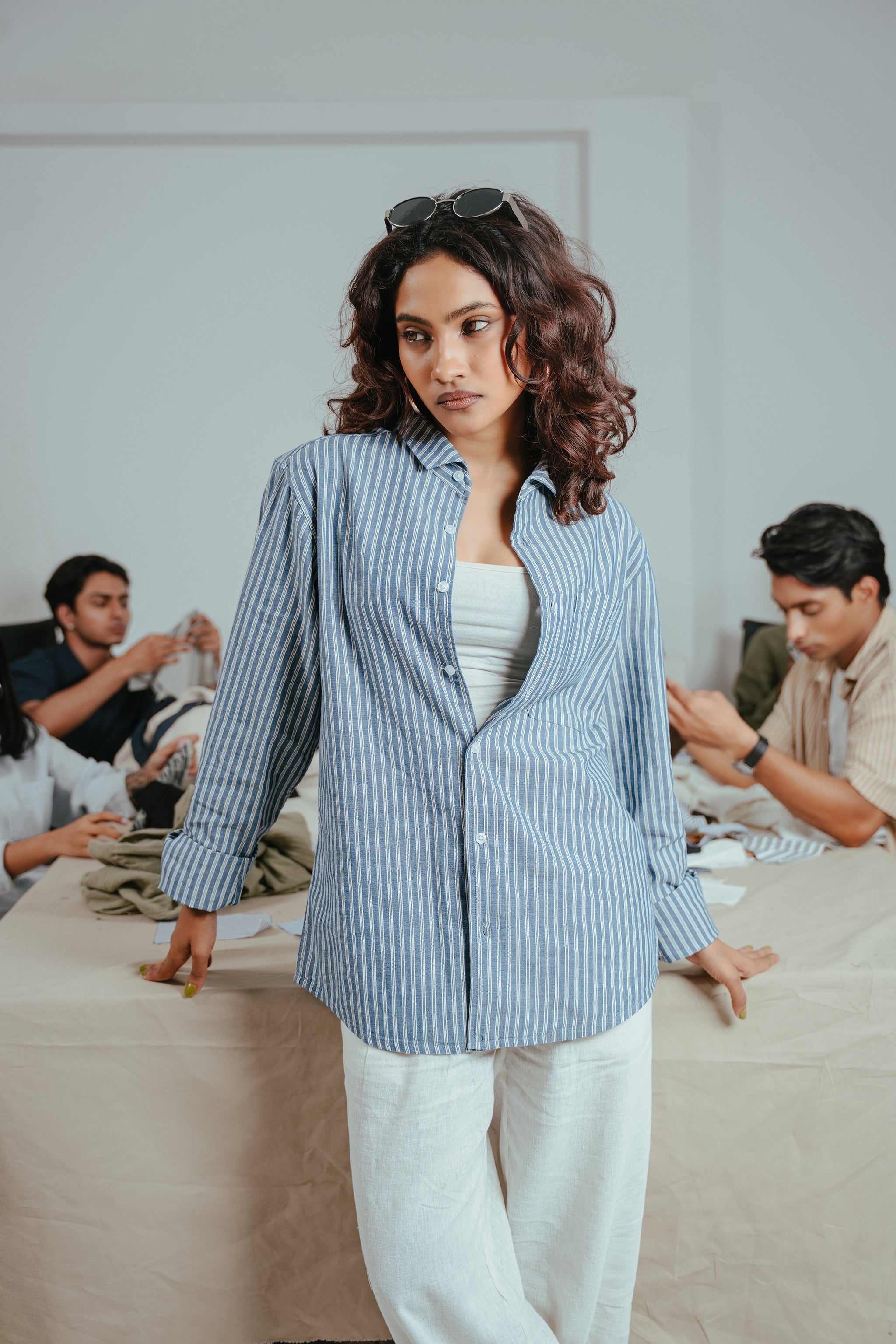 The European Collar - Linen Effect - Long Sleeve Shirt - Deep Blue and White Thick Stripe - Unisex