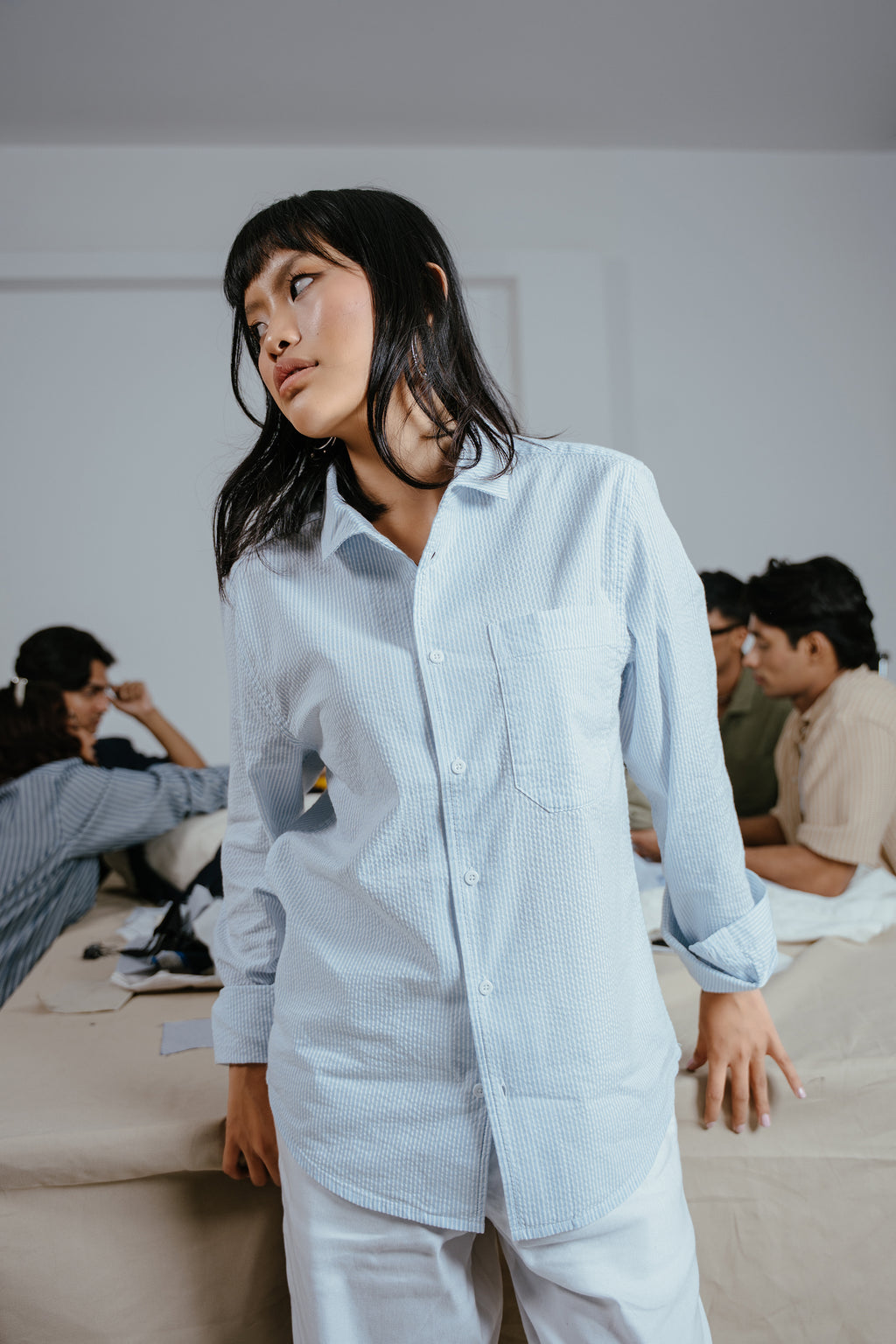 The European Collar - Linen Effect - Long Sleeve Shirt - Light Blue and White Thin Stripe - Unisex
