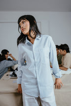 The European Collar - Linen Effect - Long Sleeve Shirt - Light Blue and White Thin Stripe - Unisex