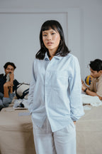 The European Collar - Linen Effect - Long Sleeve Shirt - Light Blue and White Thin Stripe - Unisex