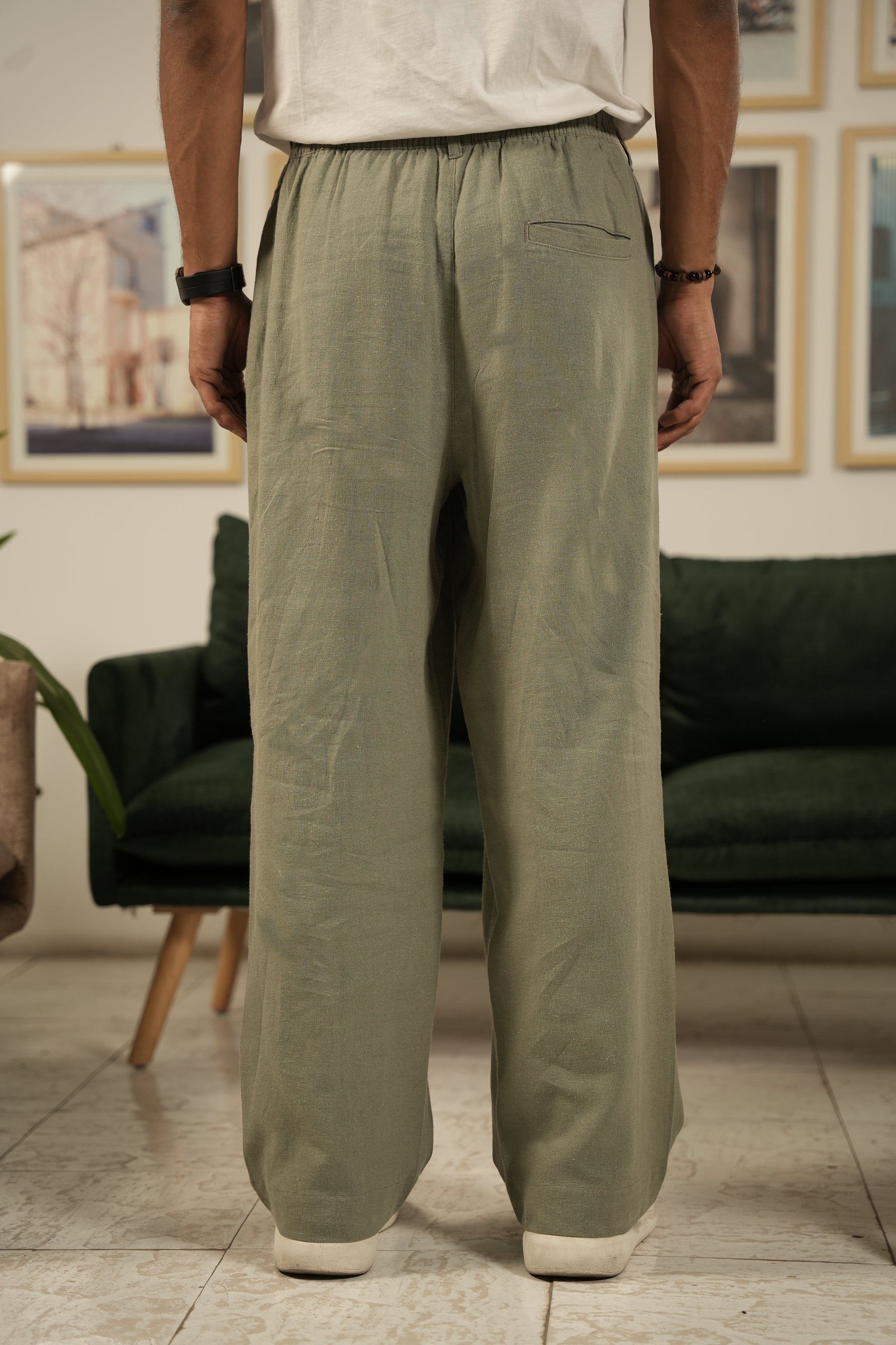 Light Weight Straight Leg Pleated Linen effect Pants For Men - Olive