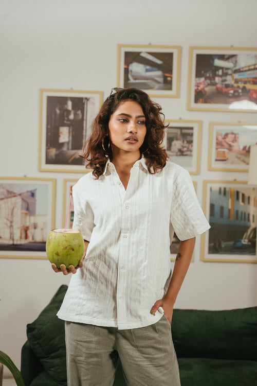 The Porter Shirt - Half Sleeve Boxy Shirt - Textured White - Unisex