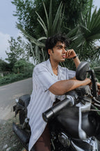 Revere Cuba - Ash Blue and White Stripe Textured Cuba - Revere Shirt For Men