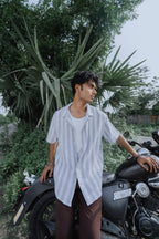 Revere Cuba - Ash Blue and White Stripe Textured Cuba - Revere Shirt For Men