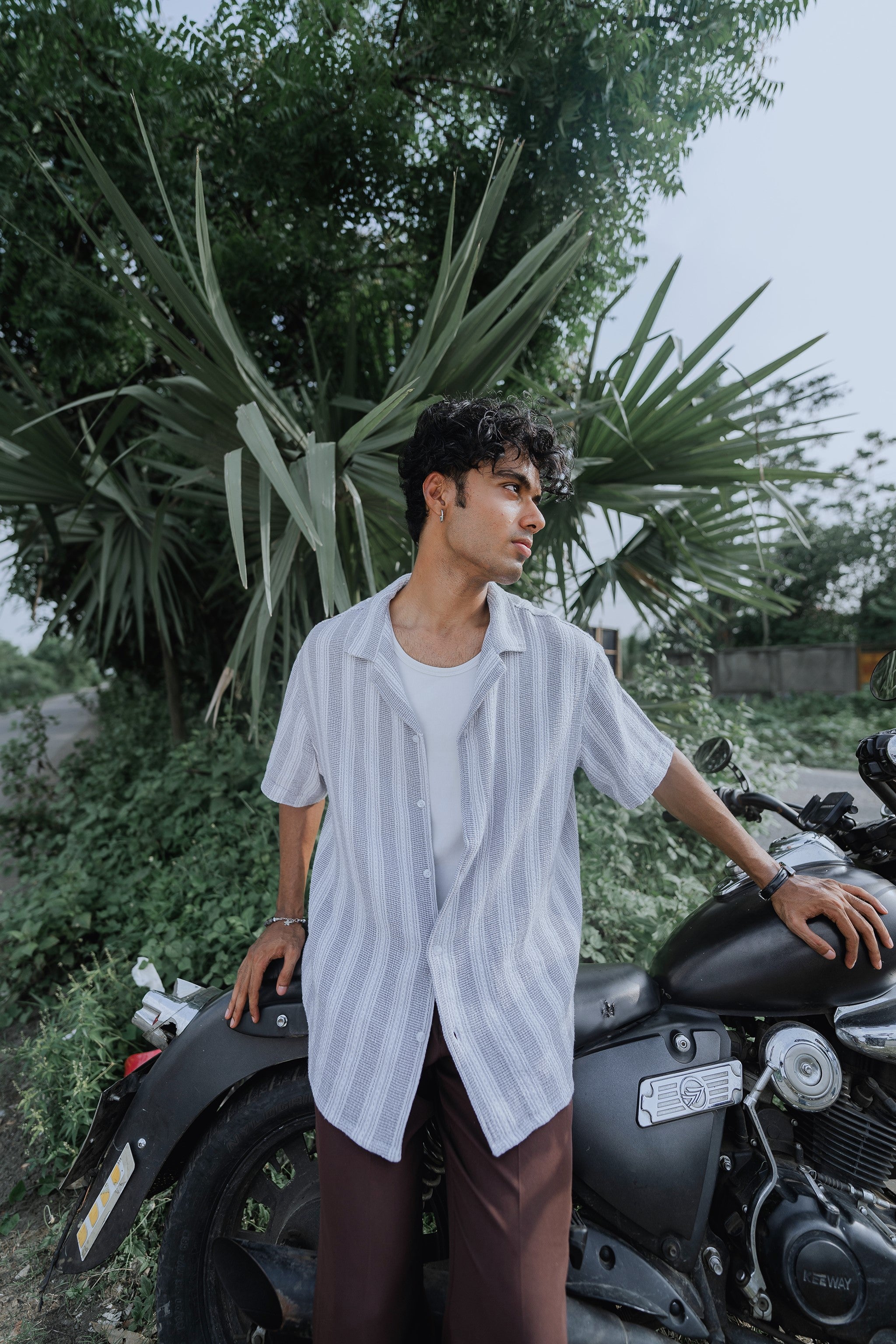 Revere Cuba - Ash Blue and White Stripe Textured Cuba - Revere Shirt For Men