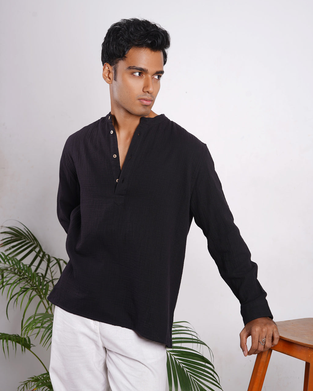 Waffle Henley for Men - Black