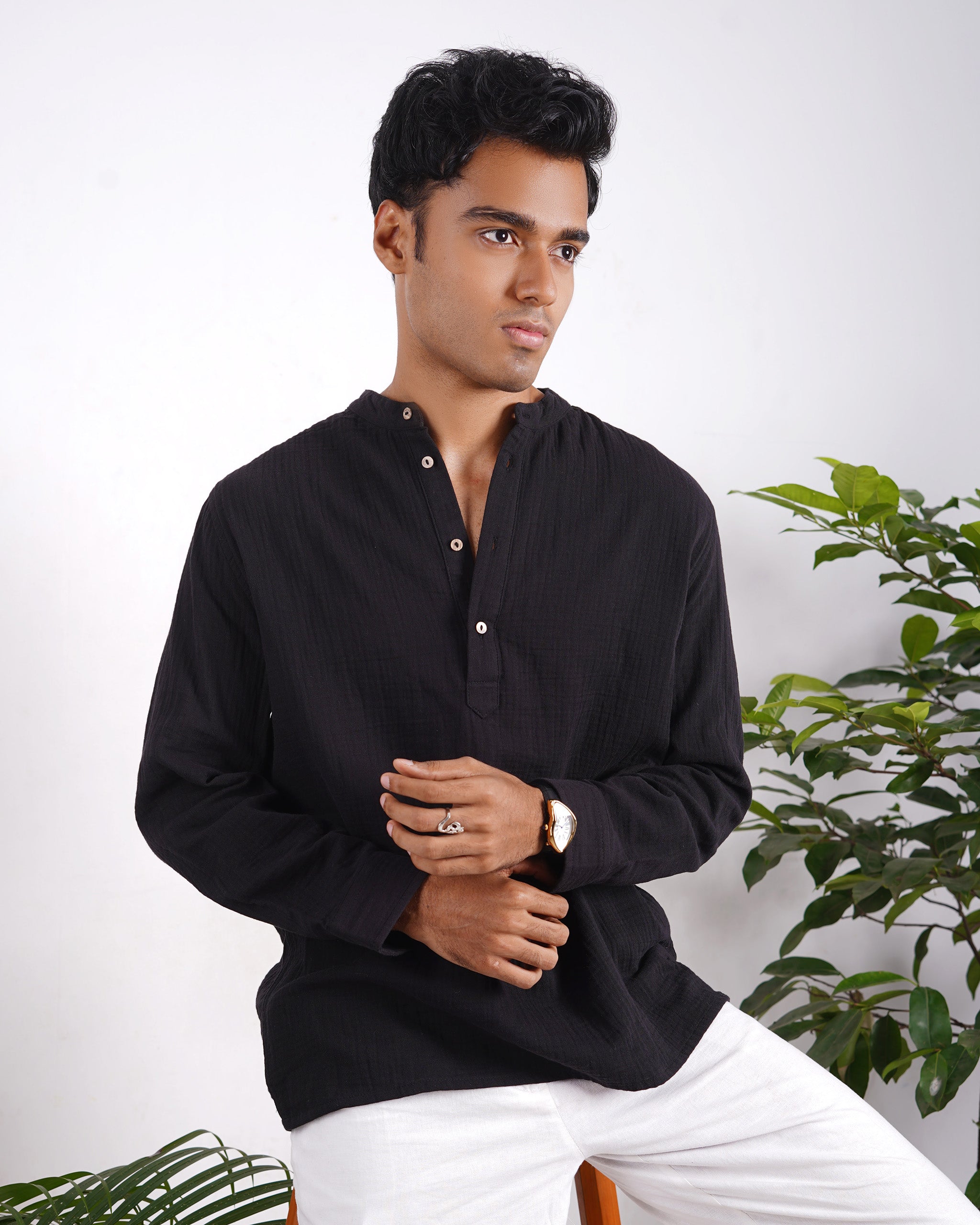 Waffle Henley for Men - Black