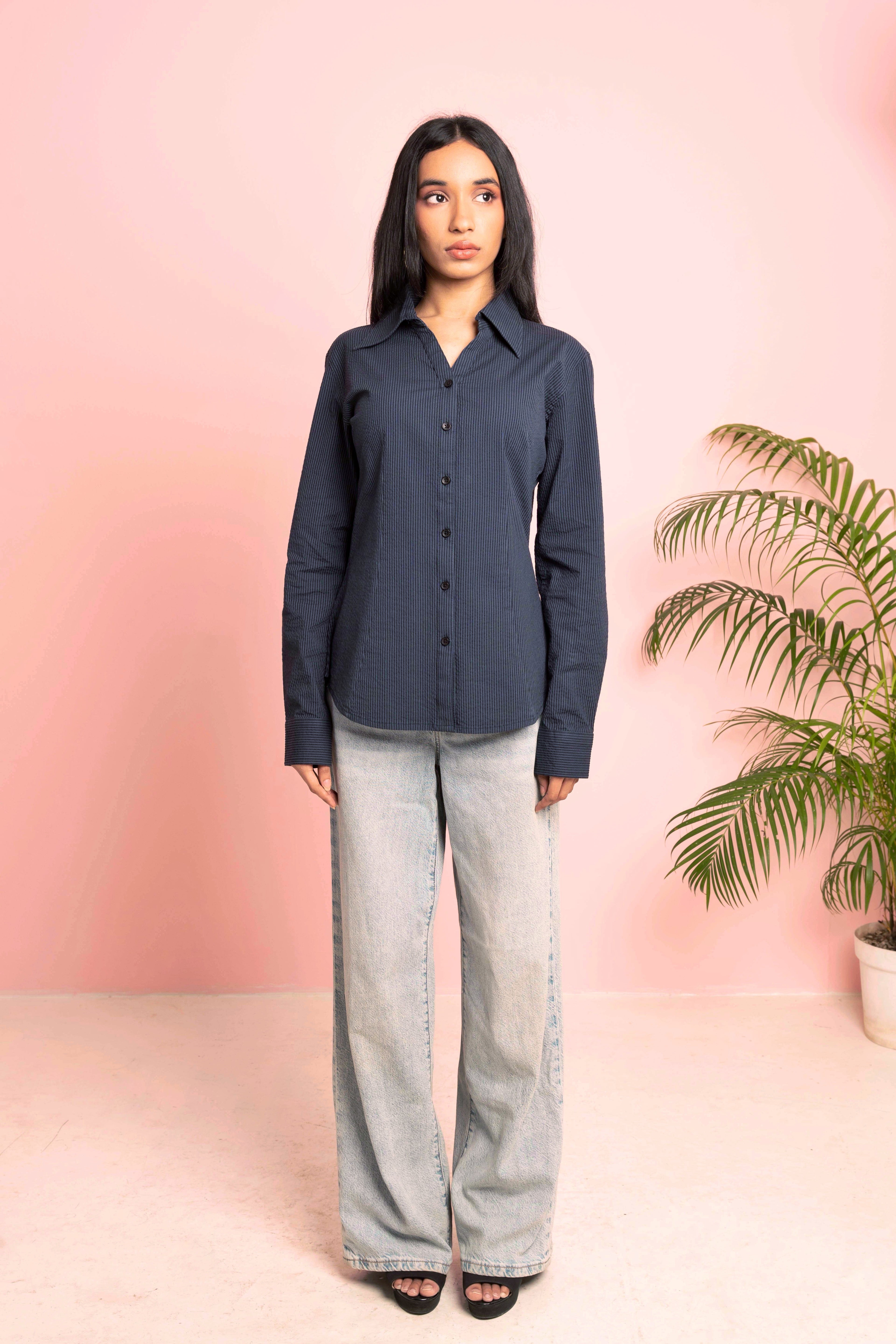 Fitted Shirt For Women - Navy and Black Pinstripe