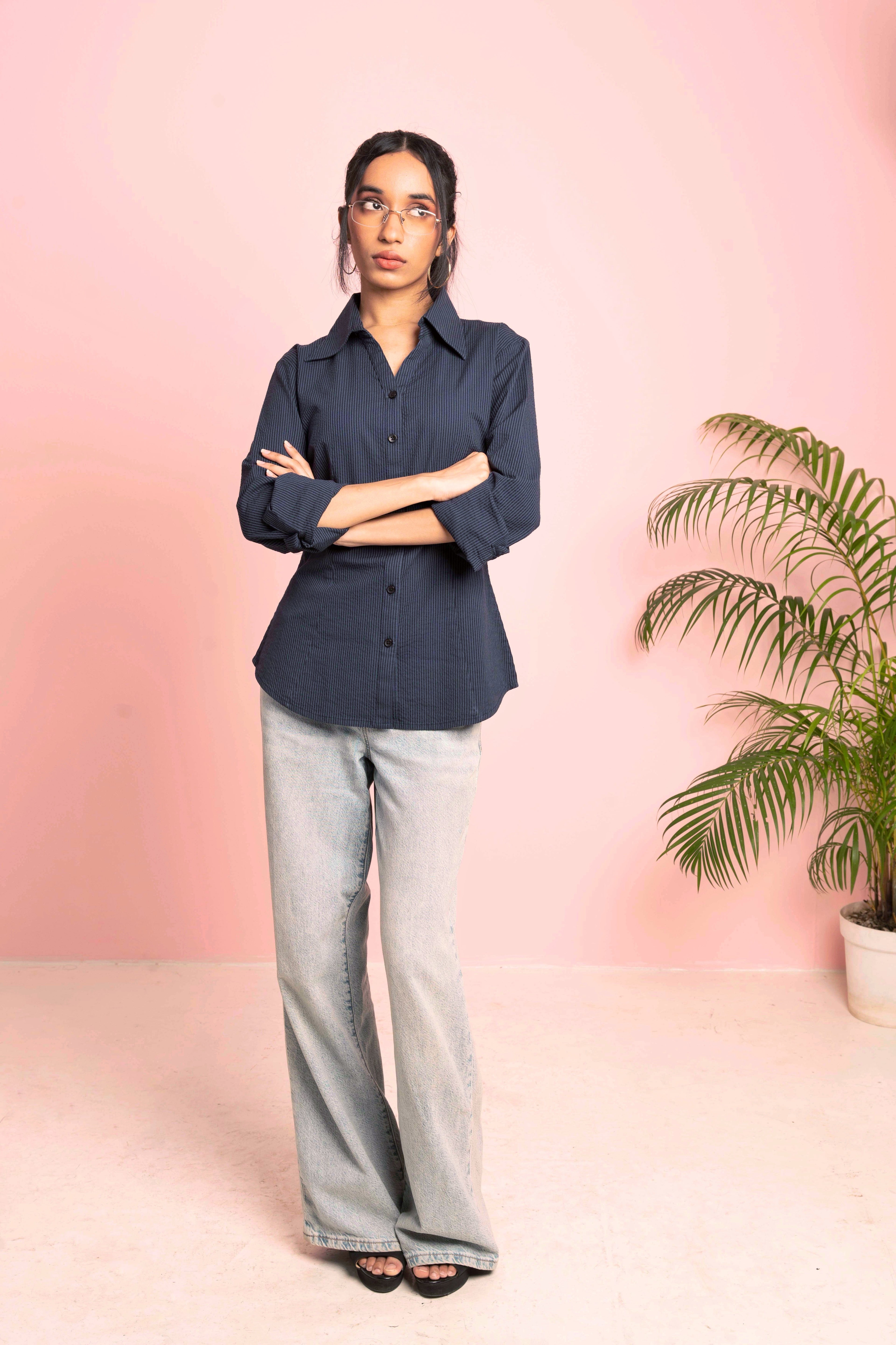 Fitted Shirt For Women - Navy and Black Pinstripe