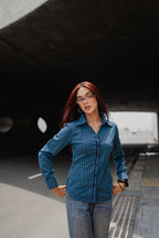 Fitted Shirt For Women - Y2K Blue Stripe
