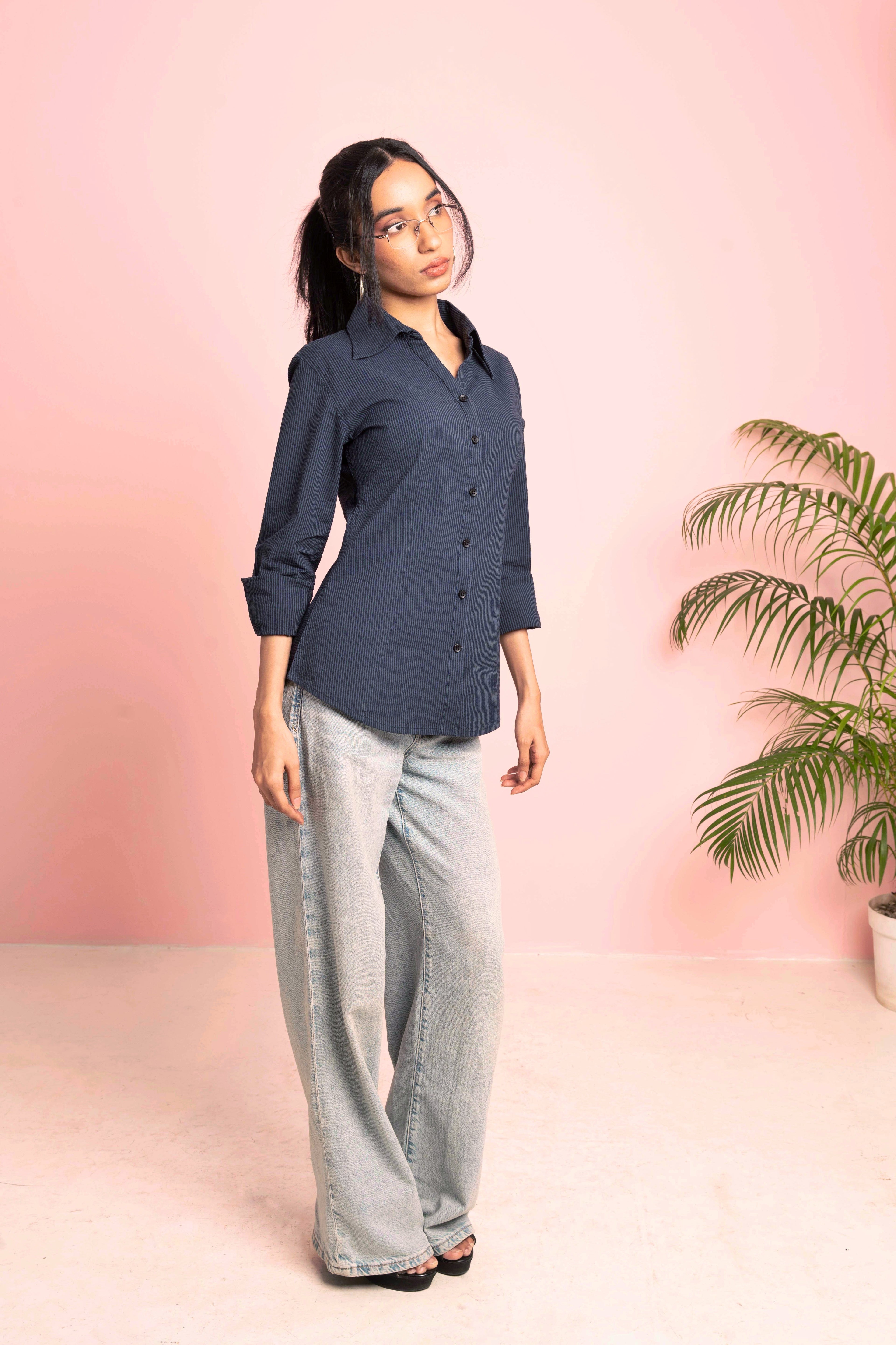 Fitted Shirt For Women - Navy and Black Pinstripe